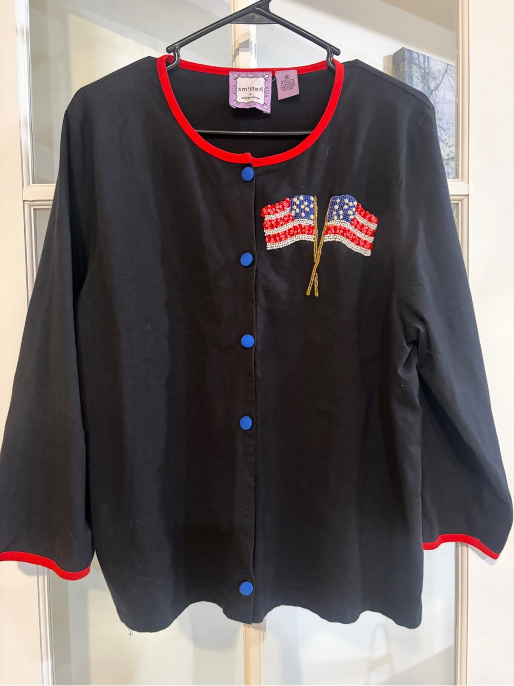 Smitten Michael Simon American Flag Cardigan USA Patriotic Stars Stripes beaded